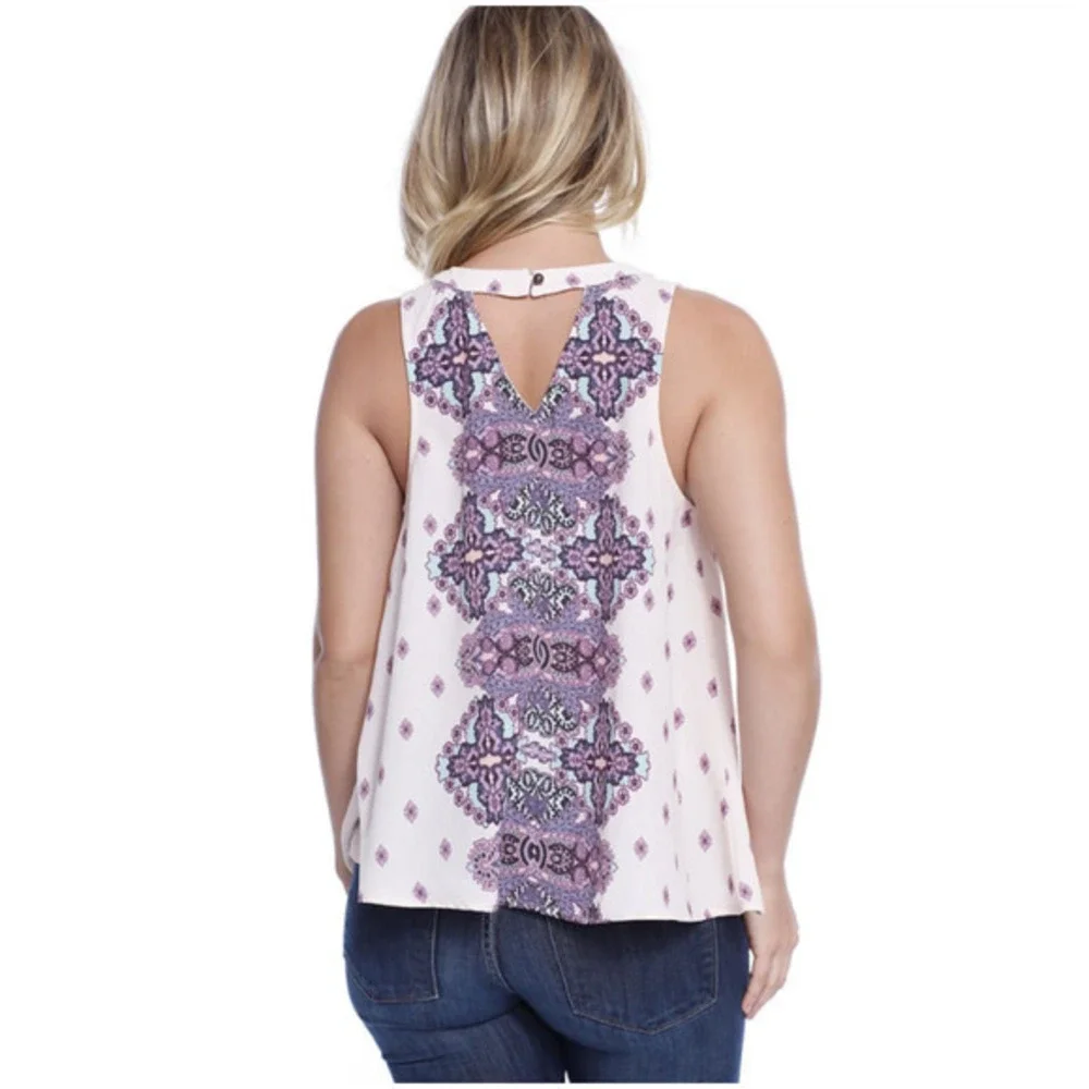 TAYLOR & SAGE High-Neck Keyhole Woven Tank Boho Festival Print Sleeveless - Picture 2 of 10
